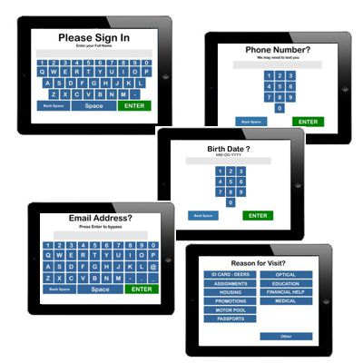 Custom kiosk screens help capture customer information at check in.